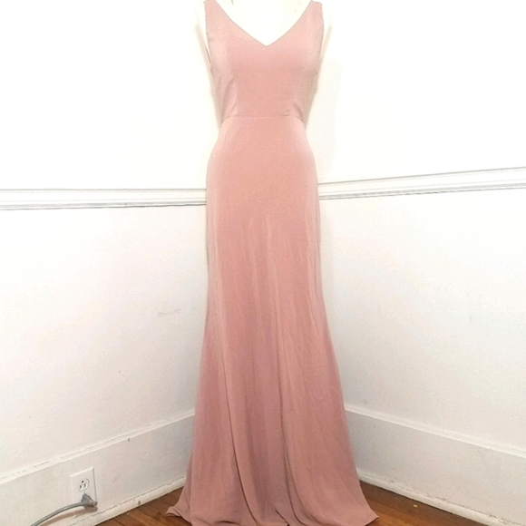 Jenny Yoo Delaney Bridesmaid Blush Rose Petal Dress Maxi V Neck Low Back Bow - Picture 1 of 12